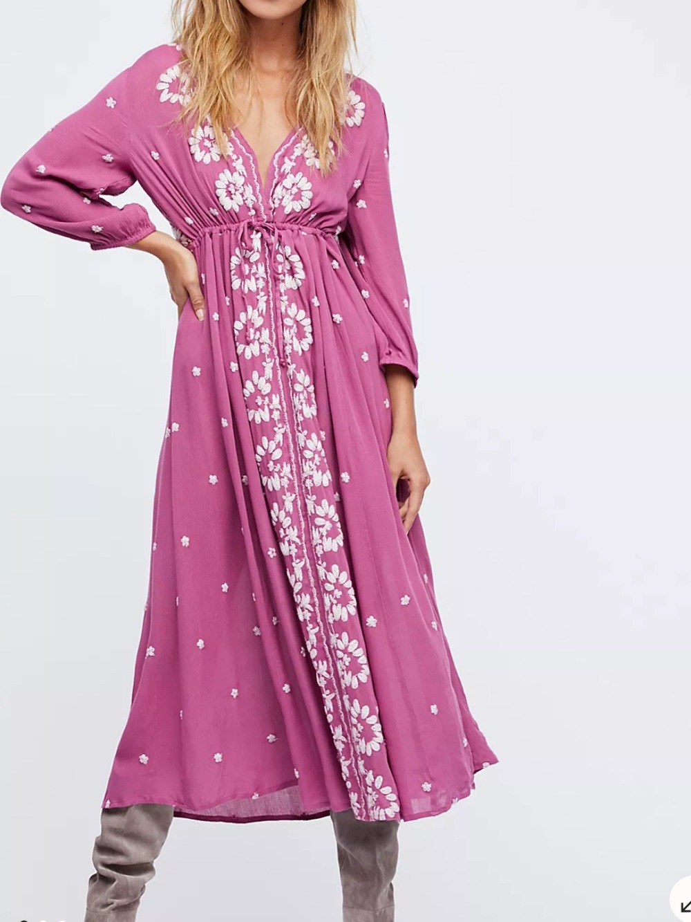 Free People Embroidered Fable Midi Dress Magenta Combo Medium
